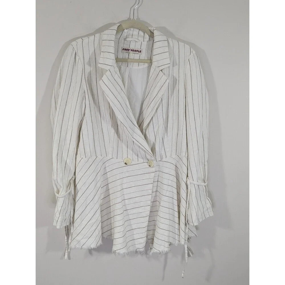 Free People Stella Double Breasted Fray Hem Stripe Linen Blazer in Off White S